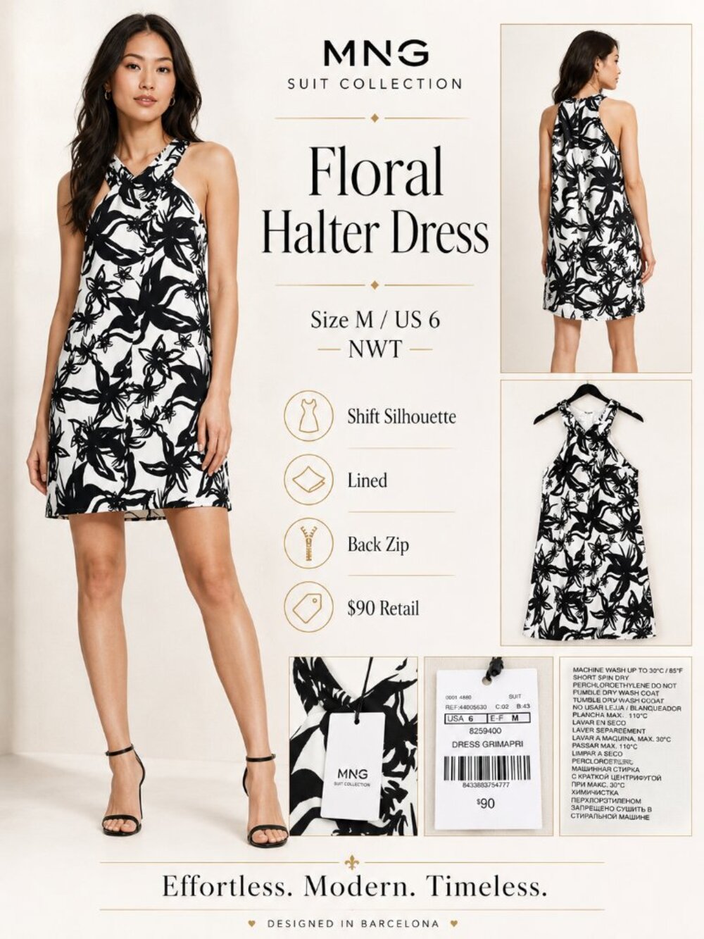 MNG Suit Collection Black White Floral Halter Shift Dress Size M / US 6 NWT